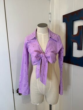 Ashley Park Tie-Front Eyelet Crop Top - Lavender Sz 2